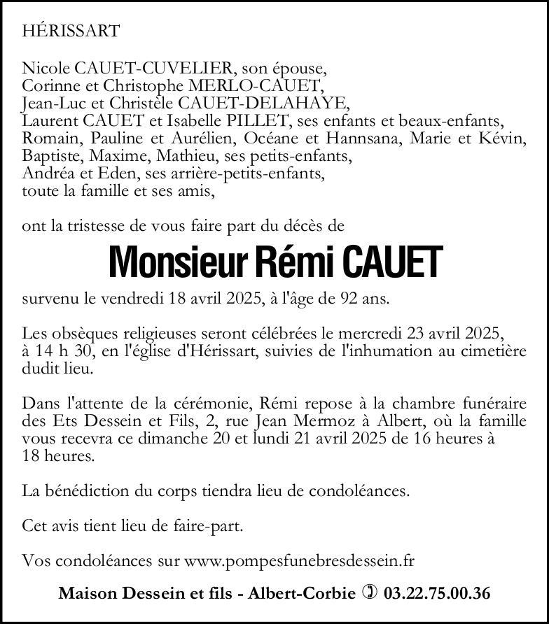 Avis de décès de Monsieur Rémi CAUET