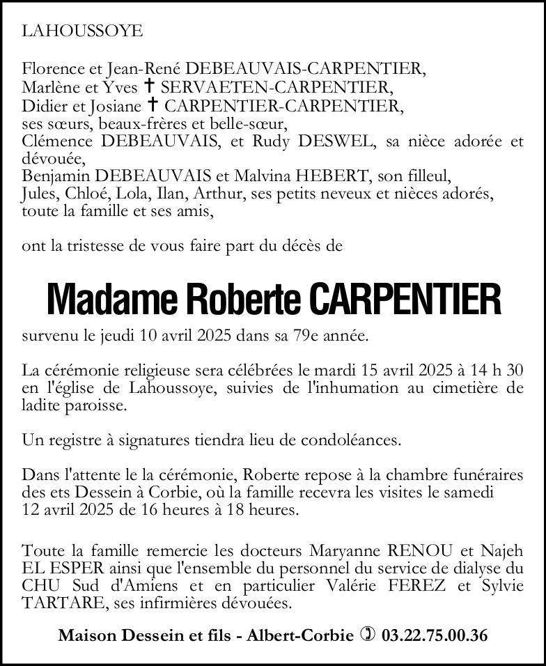avis de décès de Madame Roberte CARPENTIER