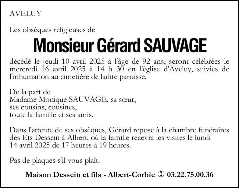 avis de décès de Monsieur Gérard SAUVAGE