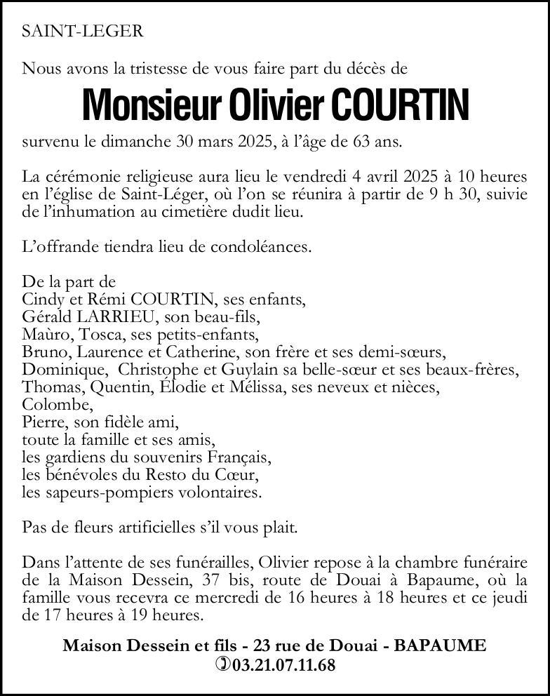 Avis de décès de Monsieur Olivier COURTIN