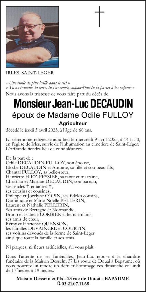 Avis de décès de Monsieur Jean-Luc DECAUDIN