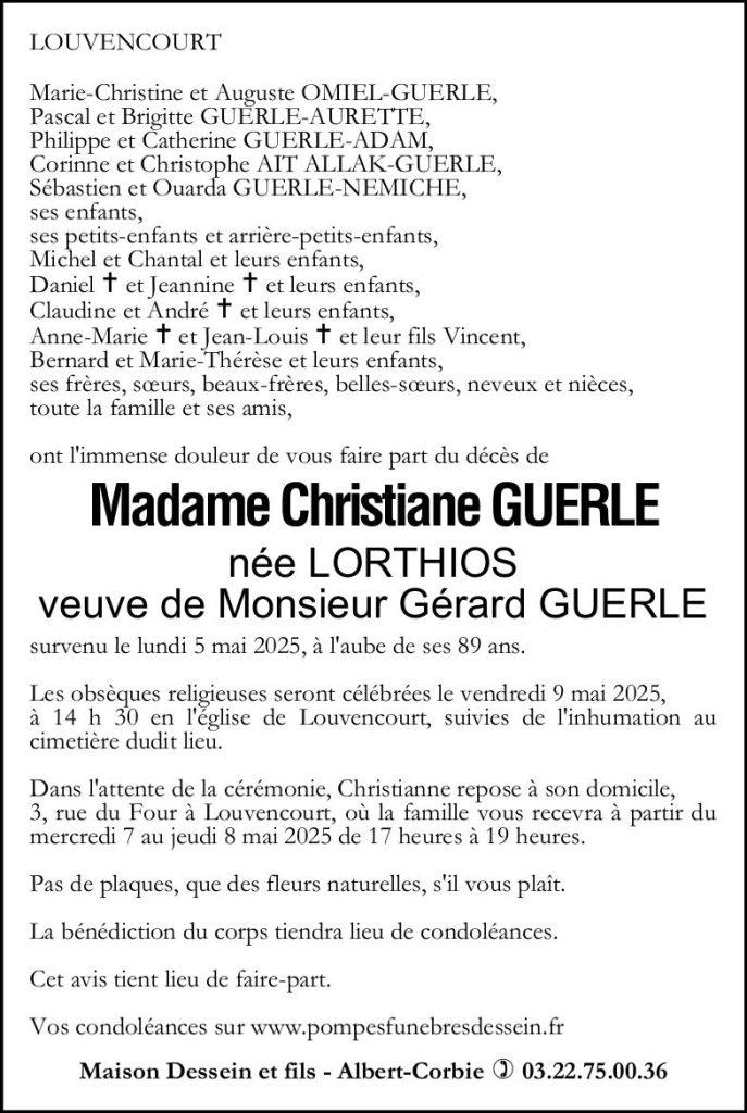 Avis de décès Madame Christianne GUERLE née LORTHIOS