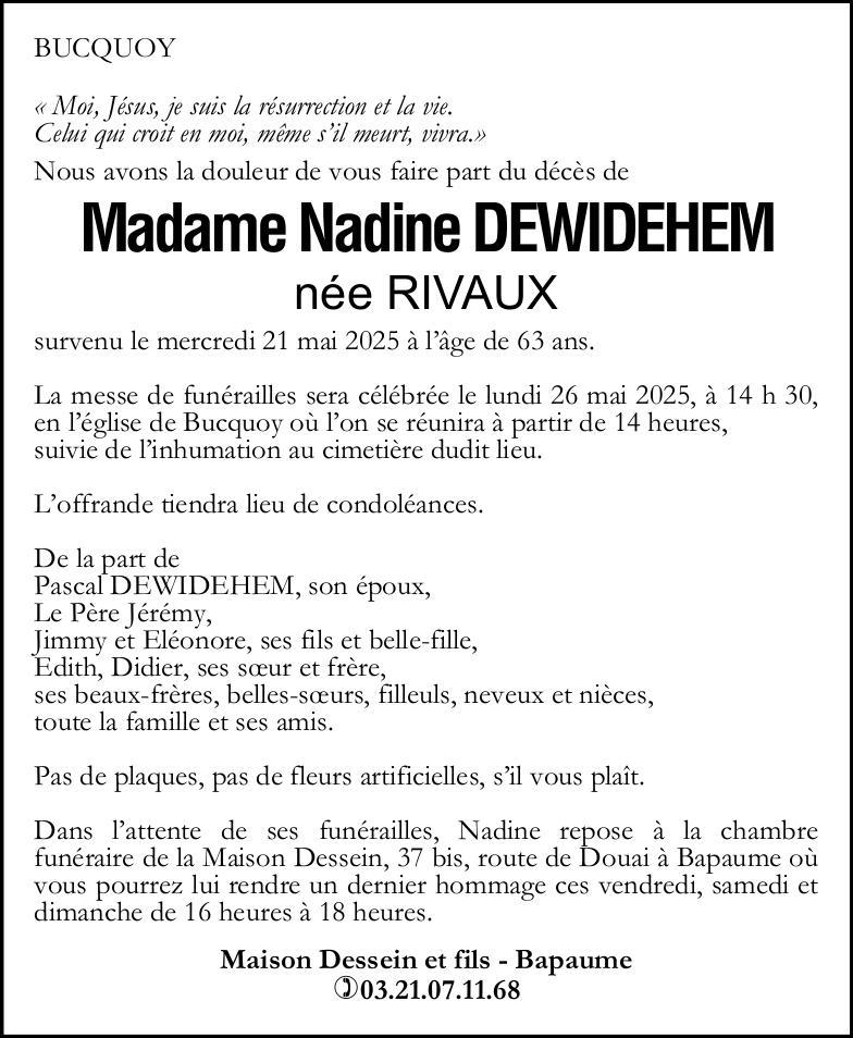 Avis de décès - Madame Nadine DEWIDEHEM née RIVAUX