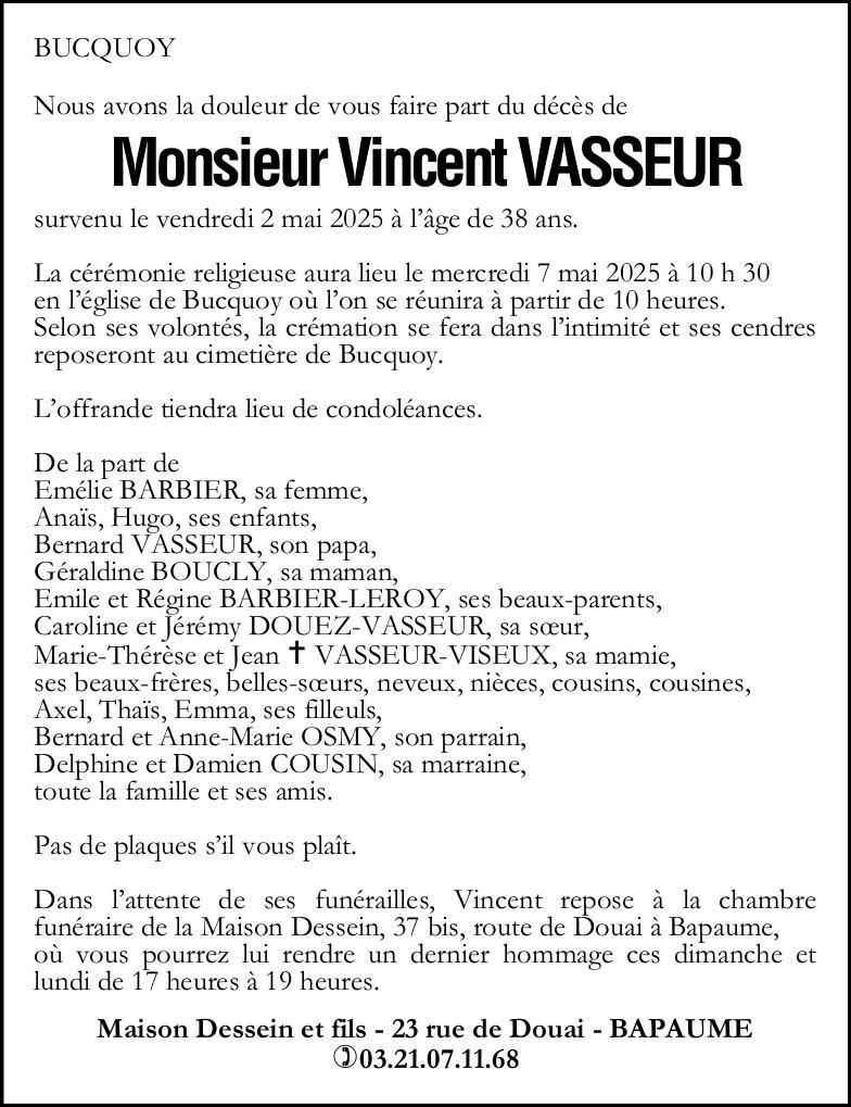 Avis de décès - Monsieur Vincent VASSEUR
