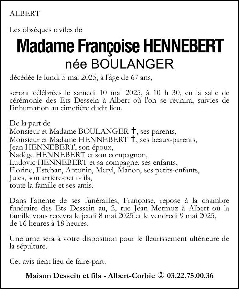 Avis de décès de Madame Françoise HENNEBERT née BOULANGER