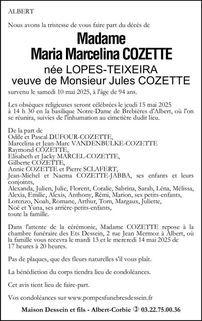 Avis de décès de Madame Maria Marcelina COZETTE née LOPES-TEIXEIRA