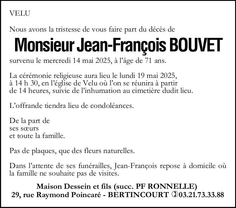 Avis de décès de Monsieur Jean-François BOUVET