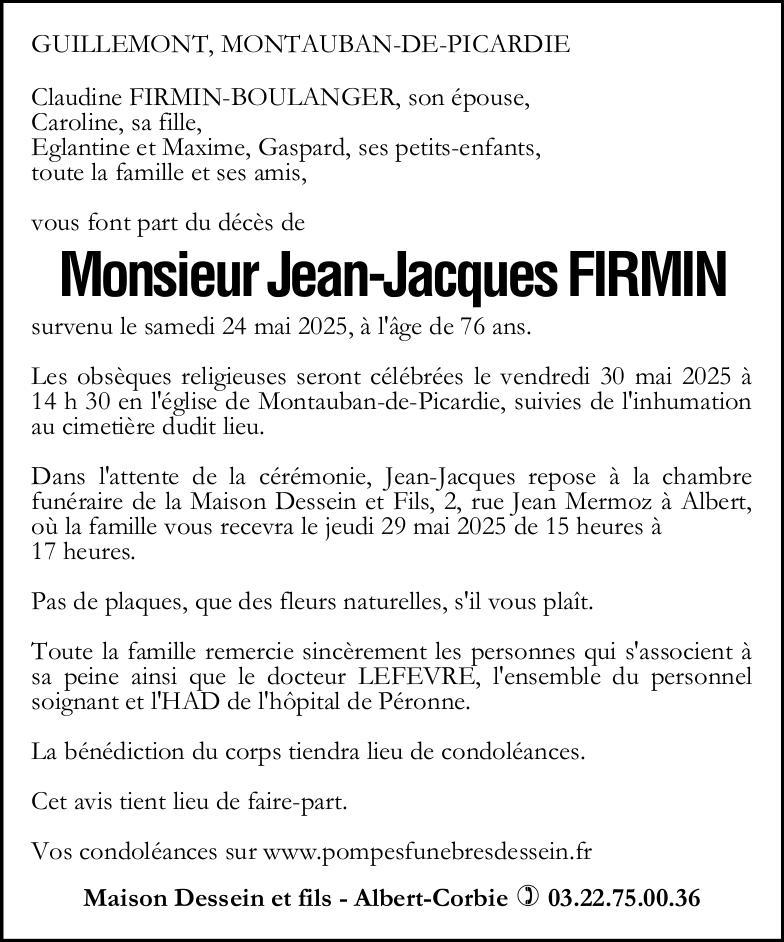 Avis de décès de Monsieur Jean-Jacques FIRMIN
