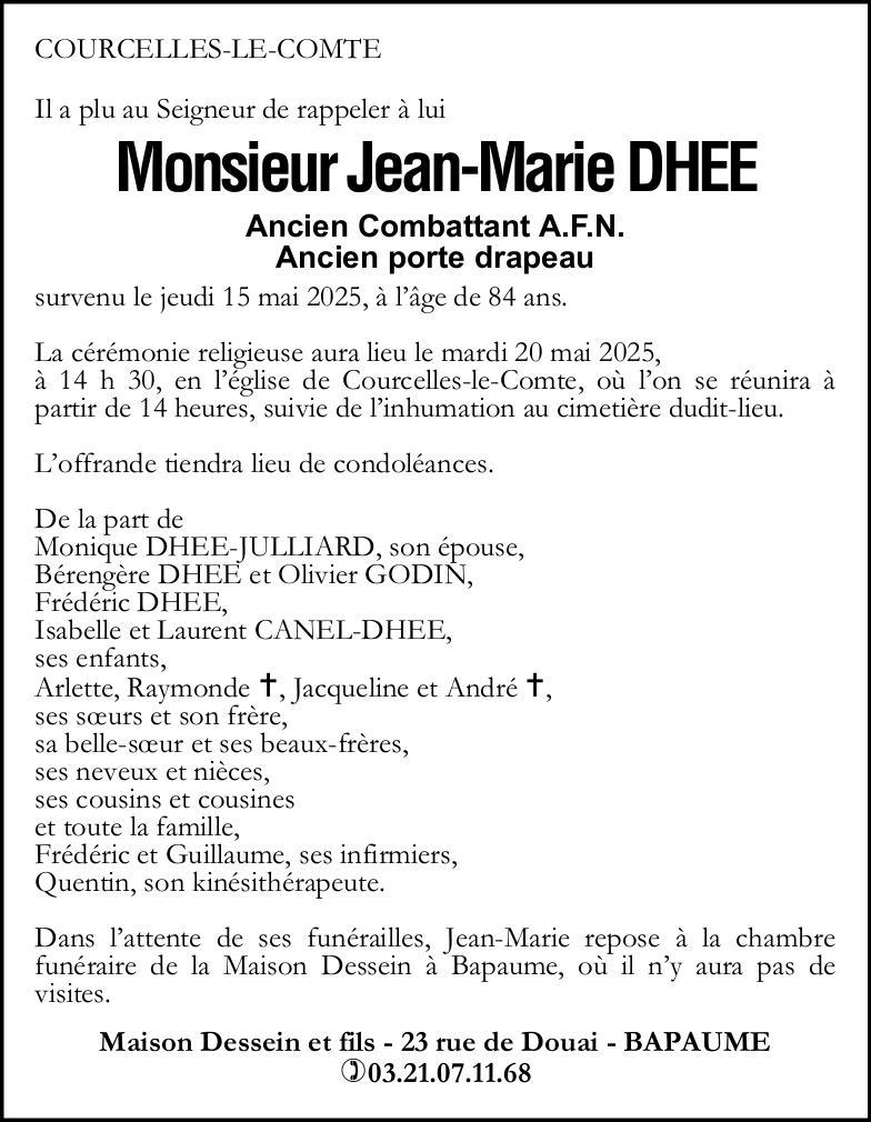 Avis de décès de Monsieur Jean-Marie DHEE