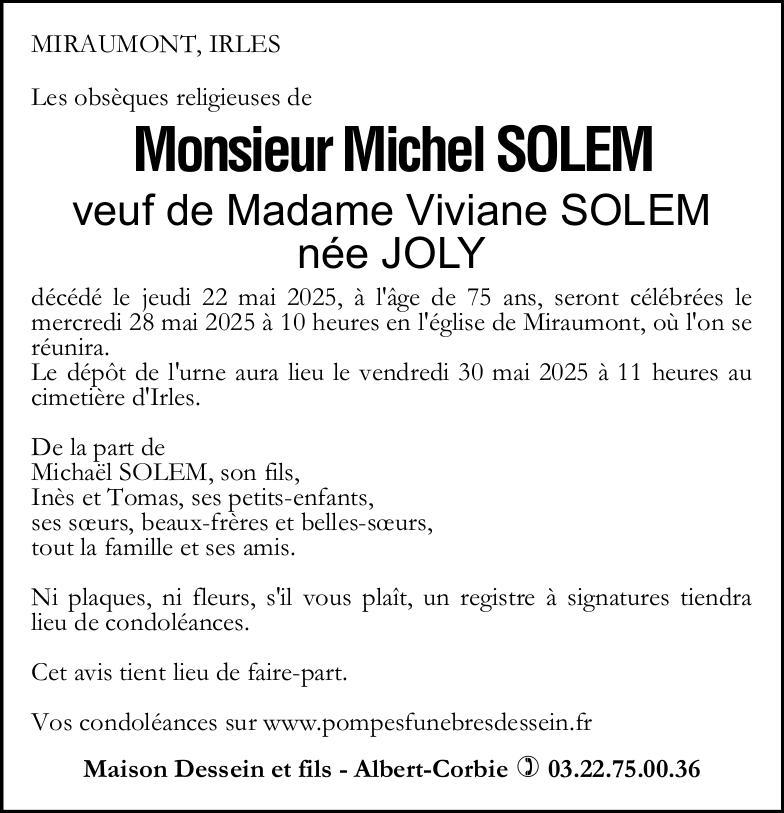 Avis de décès de Monsieur Michel SOLEM
