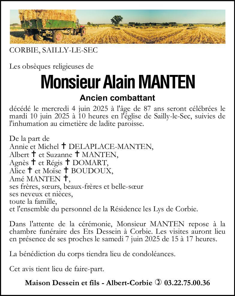 Avis de décès Alain MANTEN