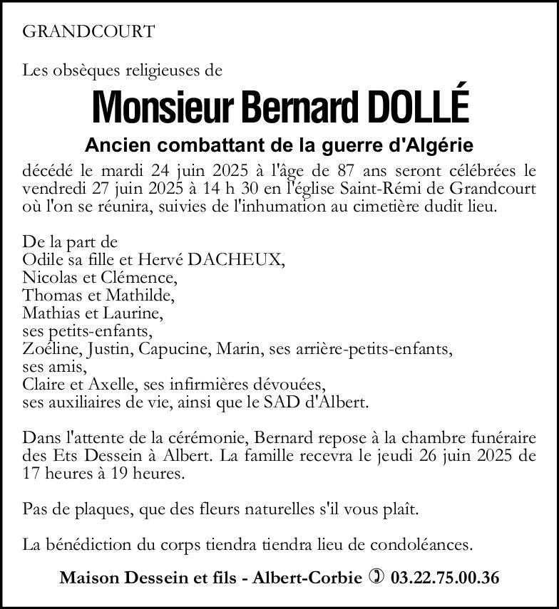 Avis de décès Bernard DOLLE