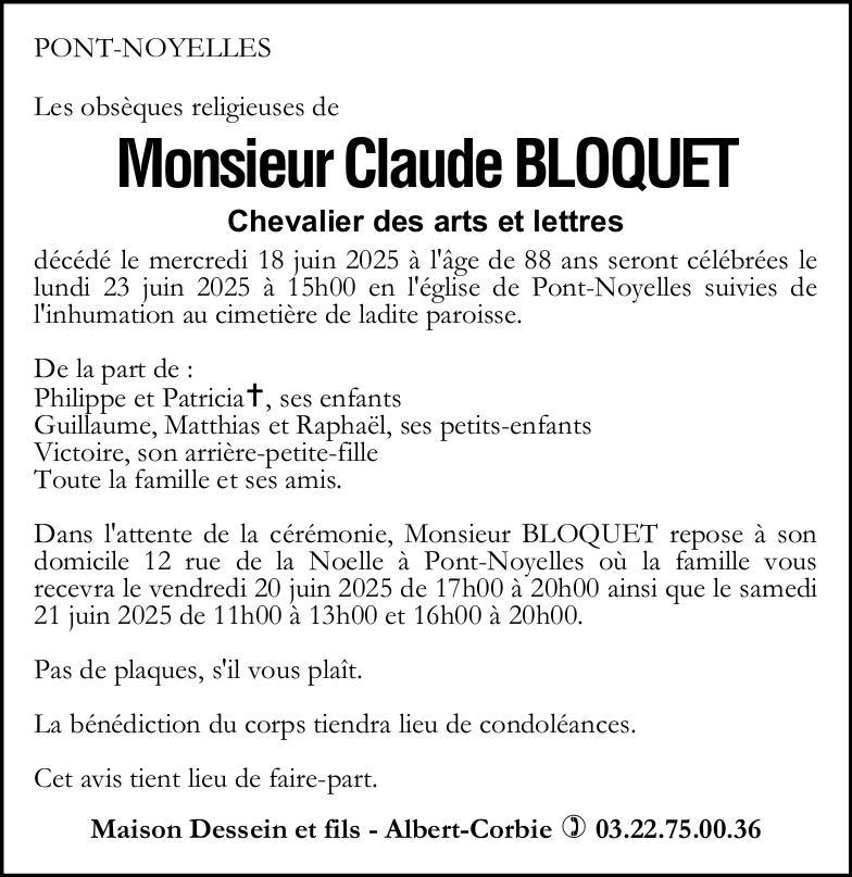 Avis de décès Claude BLOQUET