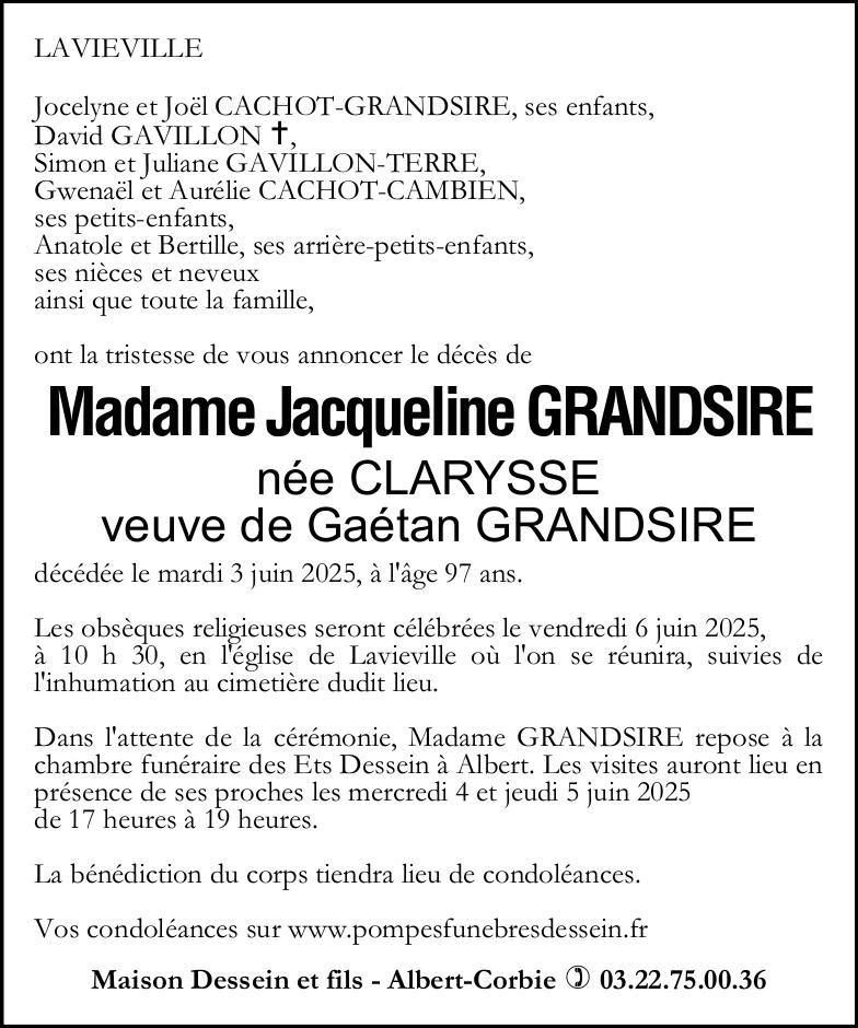 Avis de décès Jacqueline GRANDSIRE
