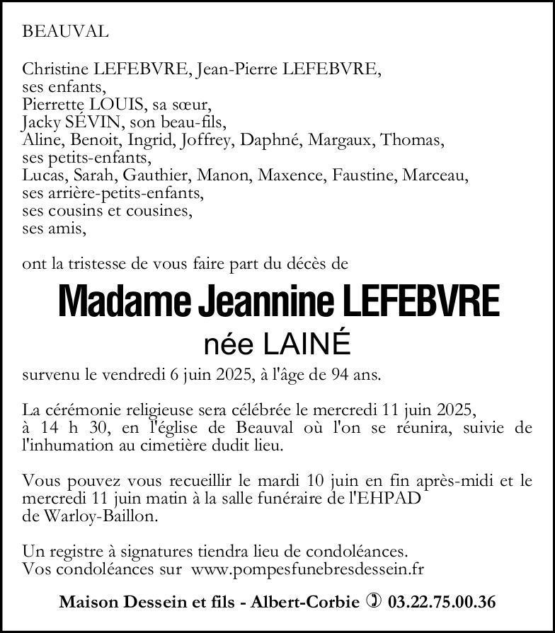 Avis de décès Jeannine LEFEBVRE