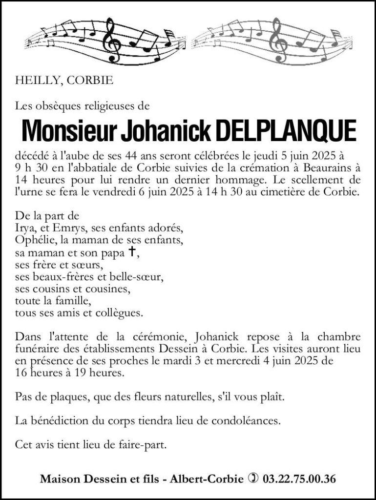 Avis de décès Johanick DELPLANQUE