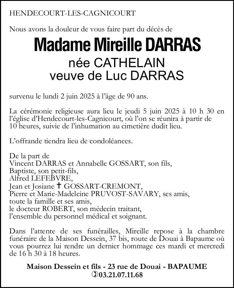 Avis de décès - Madame Mireille DARRAS née CATHELAIN