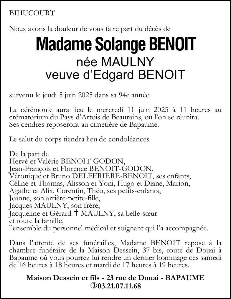 Avis de décès - Madame Solange BENOIT née MAULNY