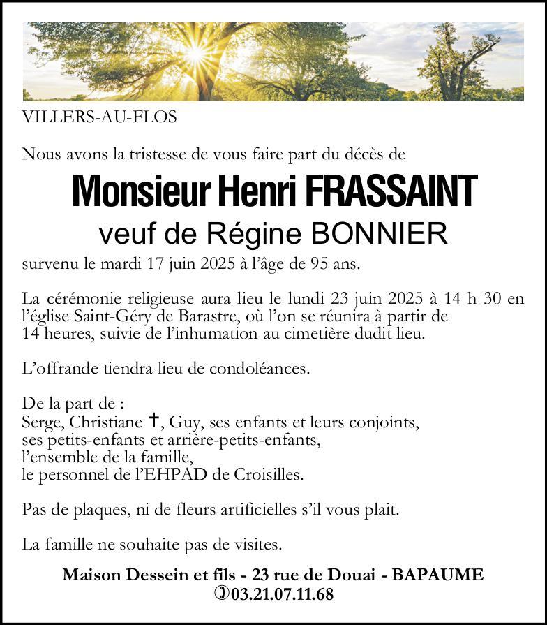 Avis de décès - Monsieur Henri FRASSAINT