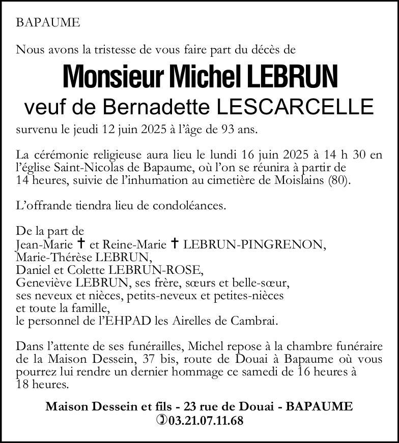 Avis de décès - Monsieur Michel LEBRUN