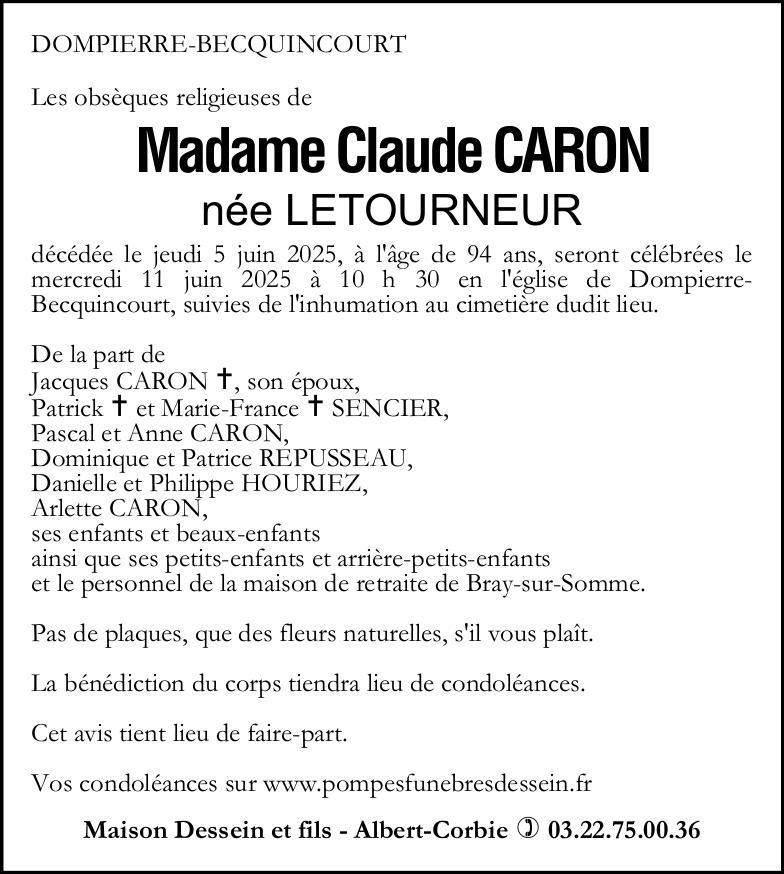 Avis de décès de Madame Claude CARON née LETOURNEUR