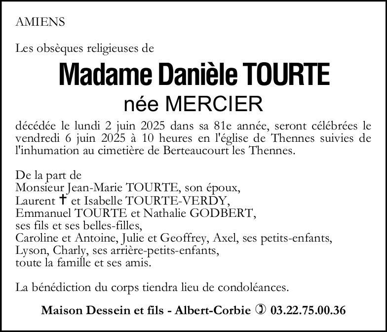 Avis de décès de Madame Danièle TOURTE née MERCIER