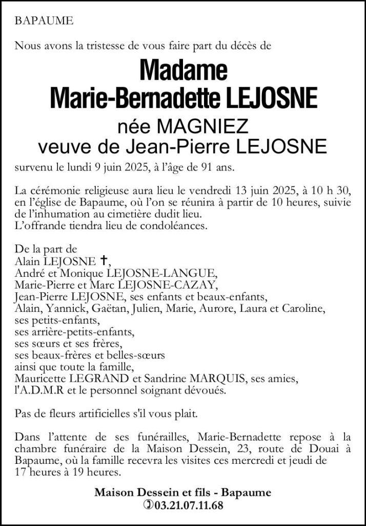 Avis de décès de Madame Marie-Bernadette LEJOSNE née MAGNIEZ