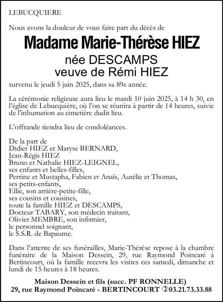 Avis de décès de Madame Marie-Thérèse HIEZ née DESCAMPS
