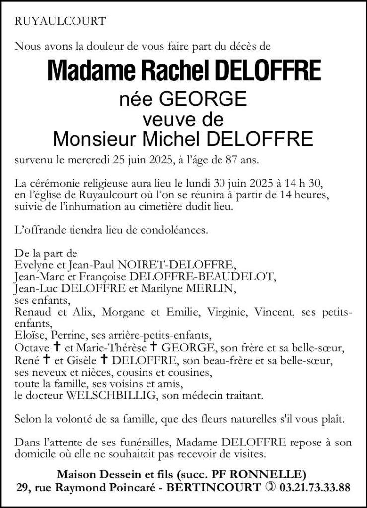 Avis de décès de Madame Rachel DELOFFRE