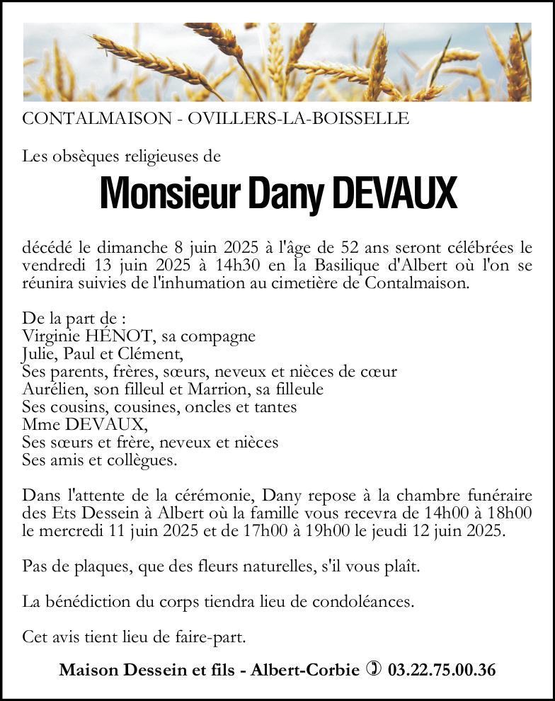 Avis de décès de Monsieur Dany DEVAUX