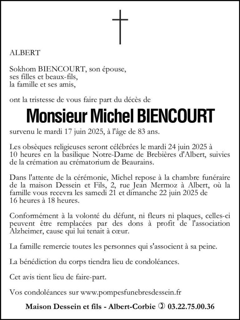 Avis de décès de Monsieur Michel BIENCOURT
