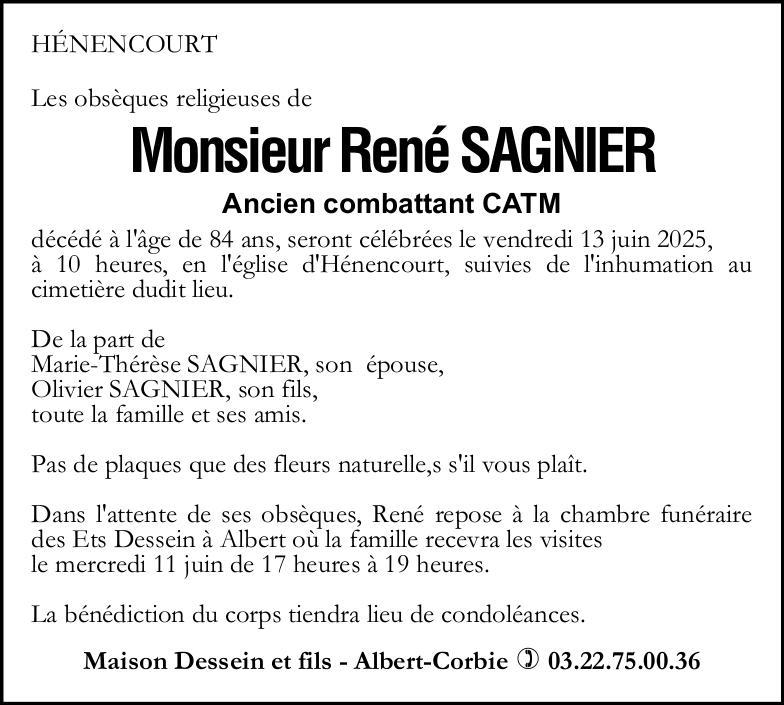 Avis de décès de Monsieur René SAGNIER