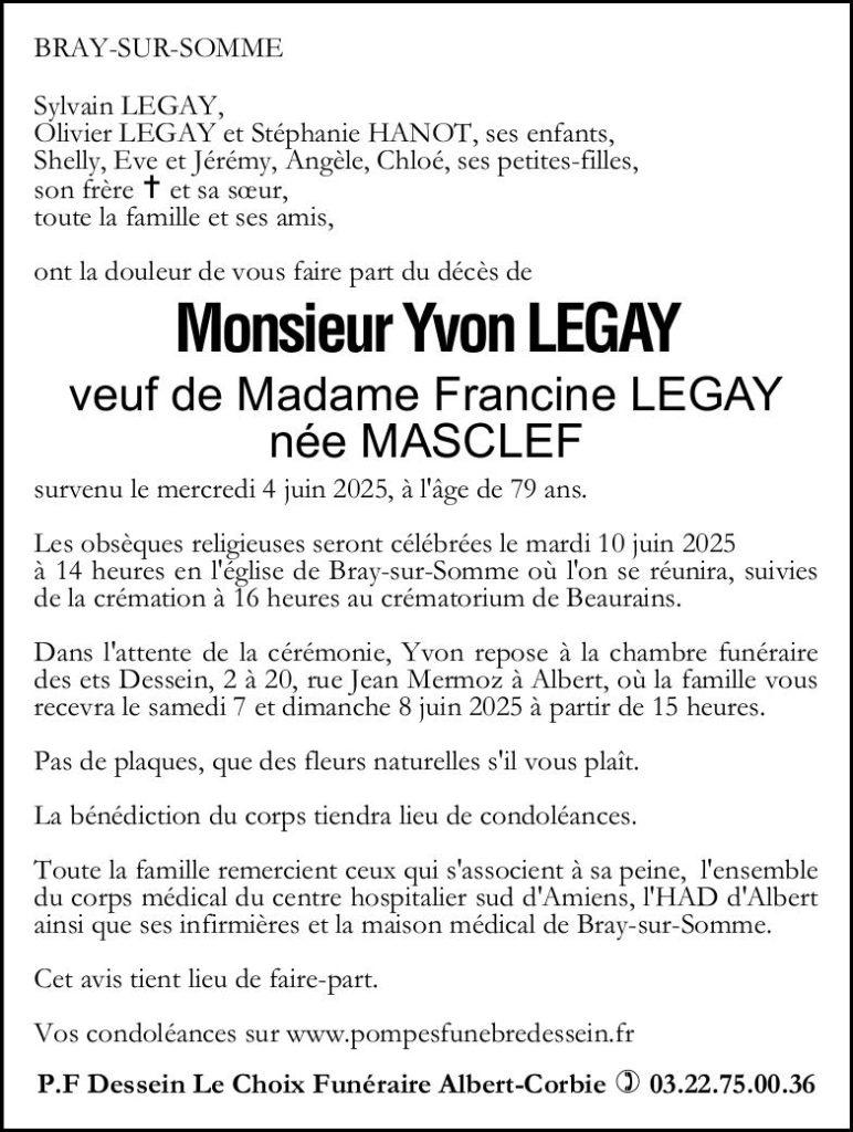 Avis de décès de Monsieur Yvon LEGAY