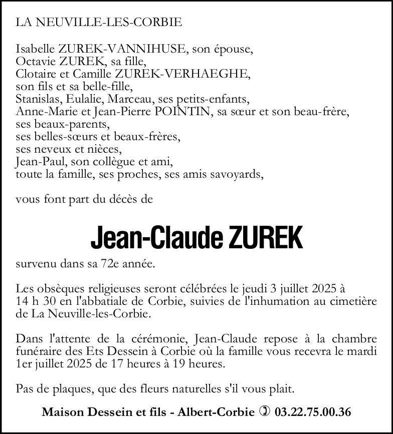 avis de décès de Jean-Claude ZUREK