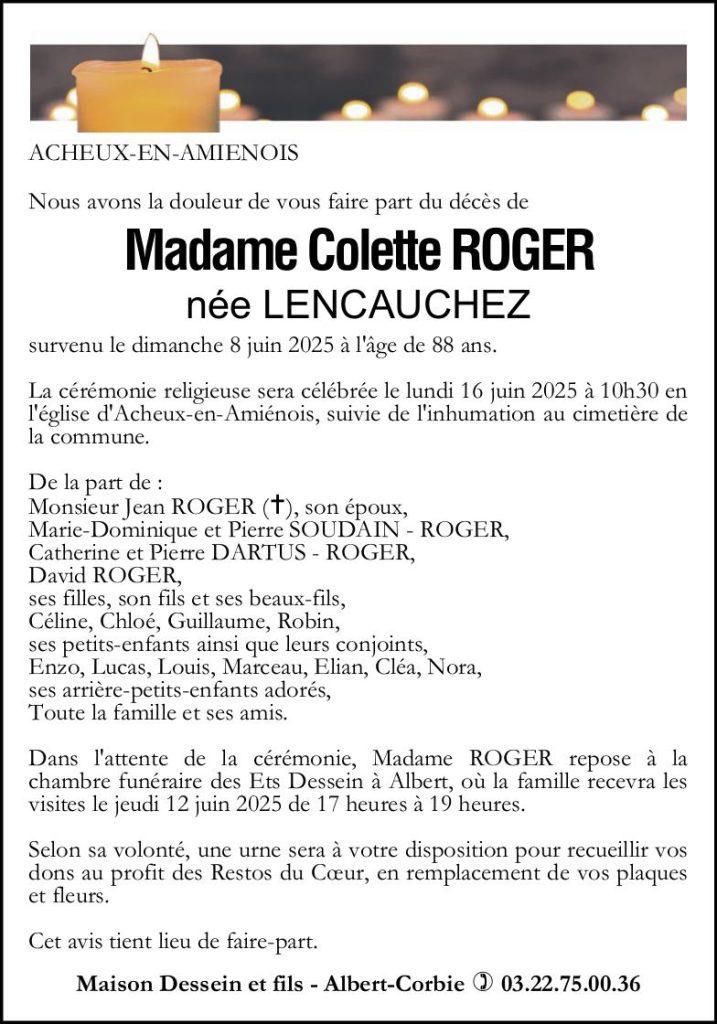 avis de décès de Madame Colette ROGER née LENCAUCHEZ