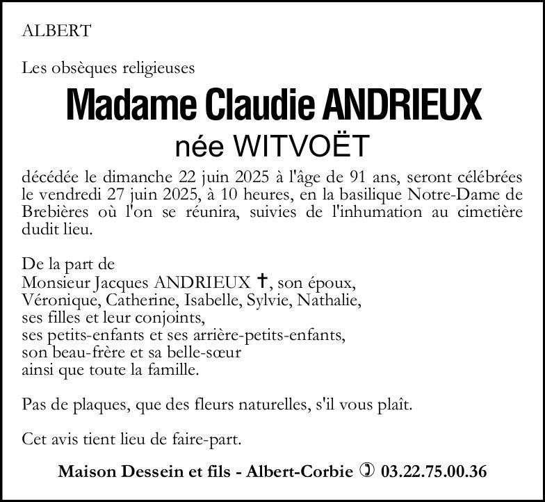 Avis de décès Claudie ANDRIEUX
