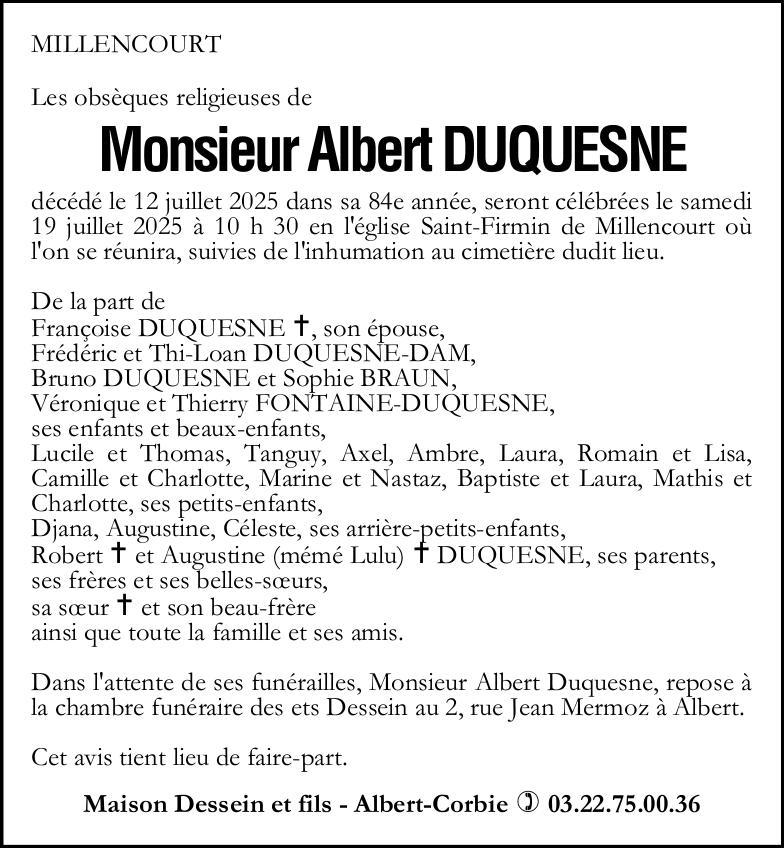 Avis de décès Albert DUQUESNE