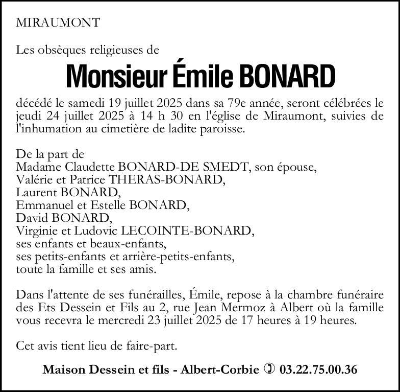 Avis de décès Emile BONARD