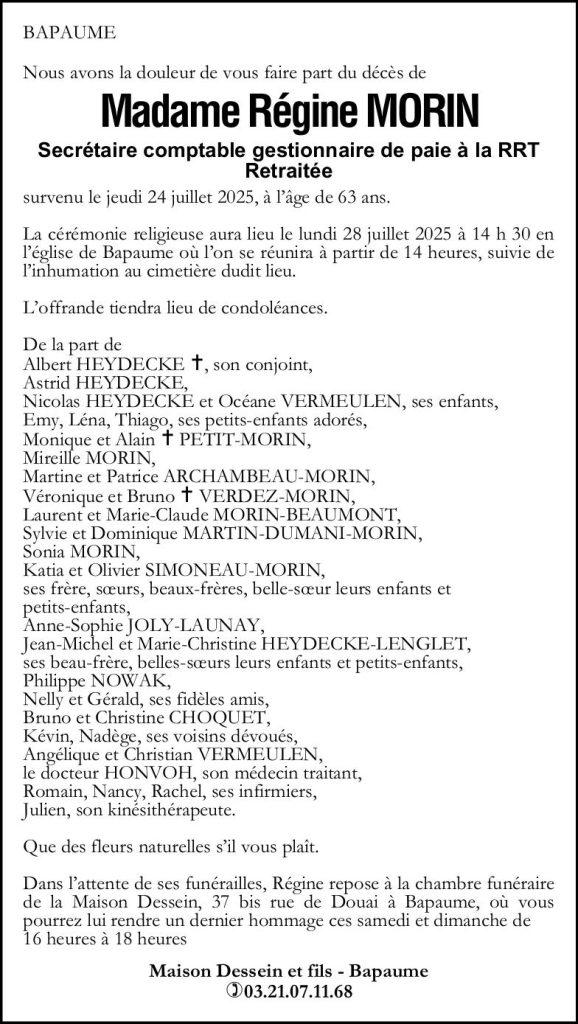 Avis de décès - Madame Régine MORIN