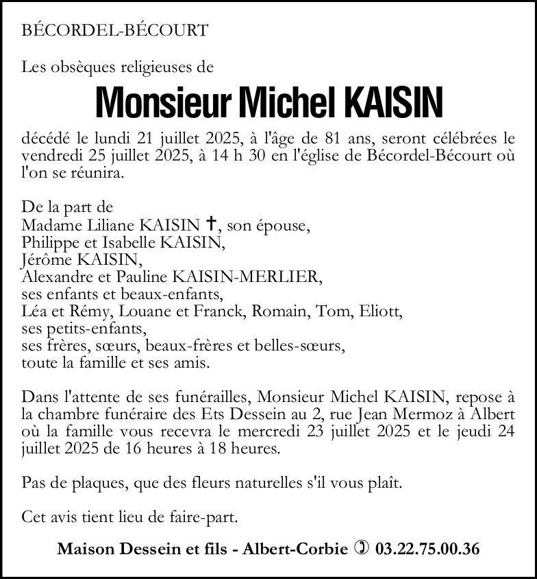 Avis de décès Michel KAISIN