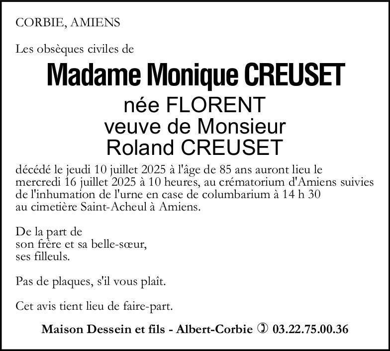 Avis de décès Monique CREUSET