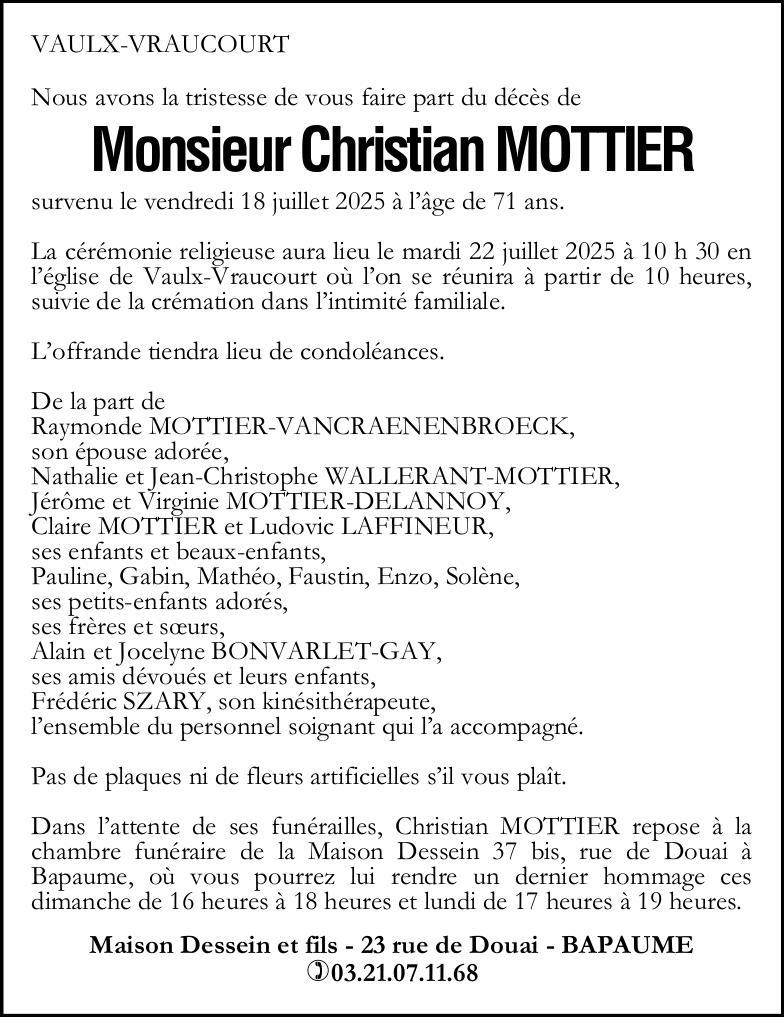 Avis de décès - Monsieur Christian MOTTIER