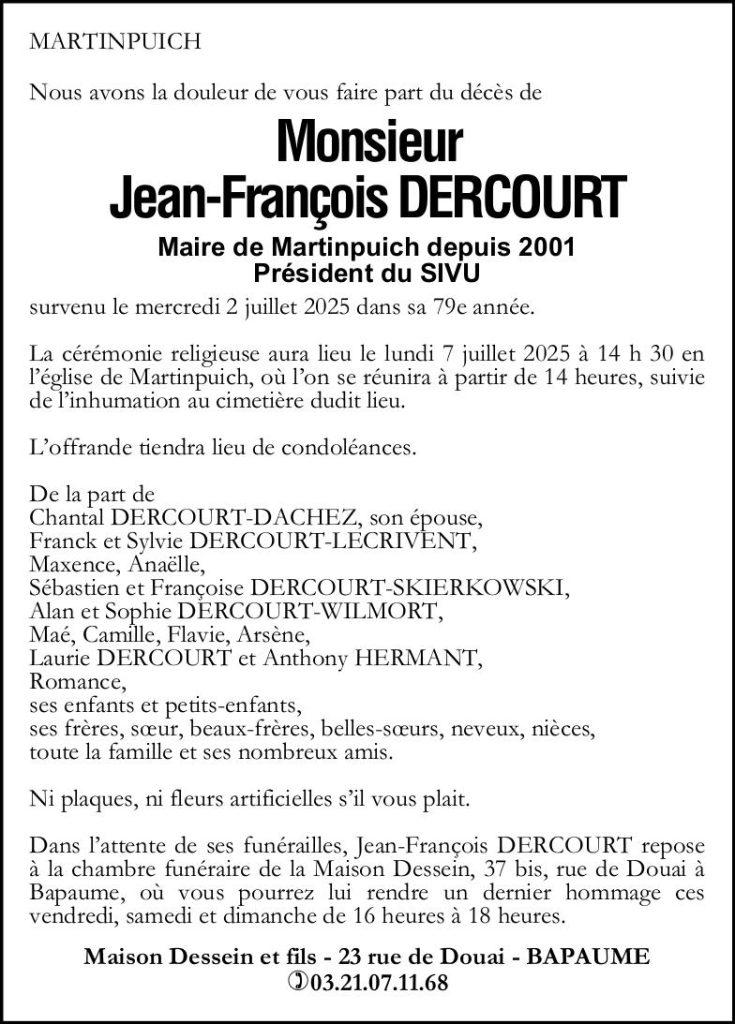 Avis de décès - Monsieur Jean-François DERCOURT