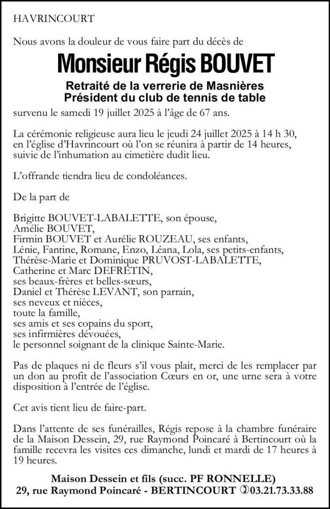 Avis de décès - Monsieur Régis BOUVET