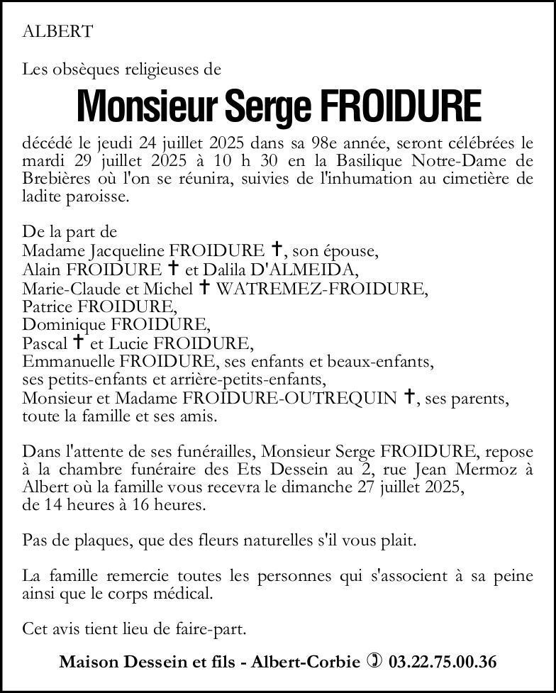 Avis de décès Serge FROIDURE