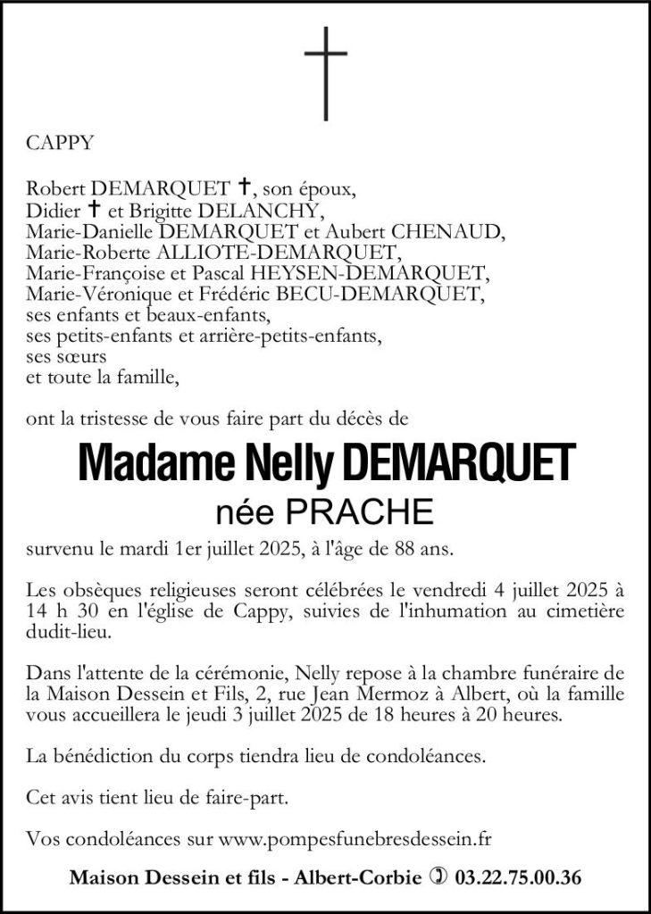 Avis de décès de Madame Nelly DEMARQUET née PRACHE