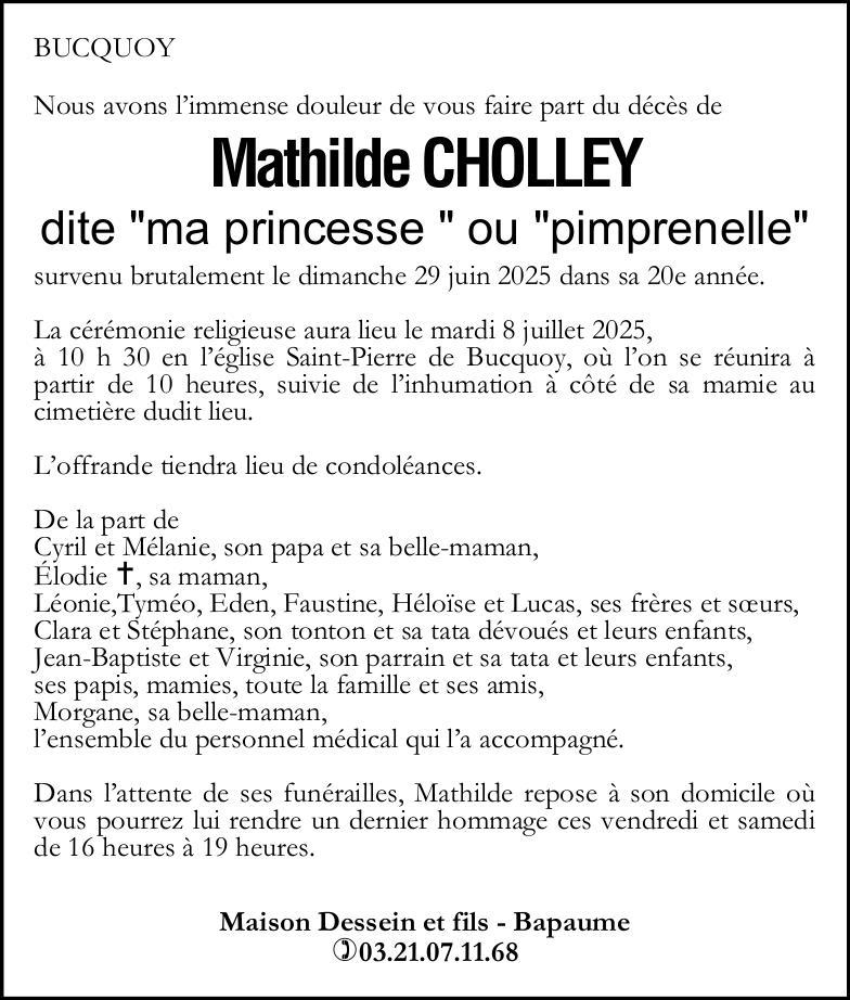 Avis de décès de Mathilde CHOLLEY