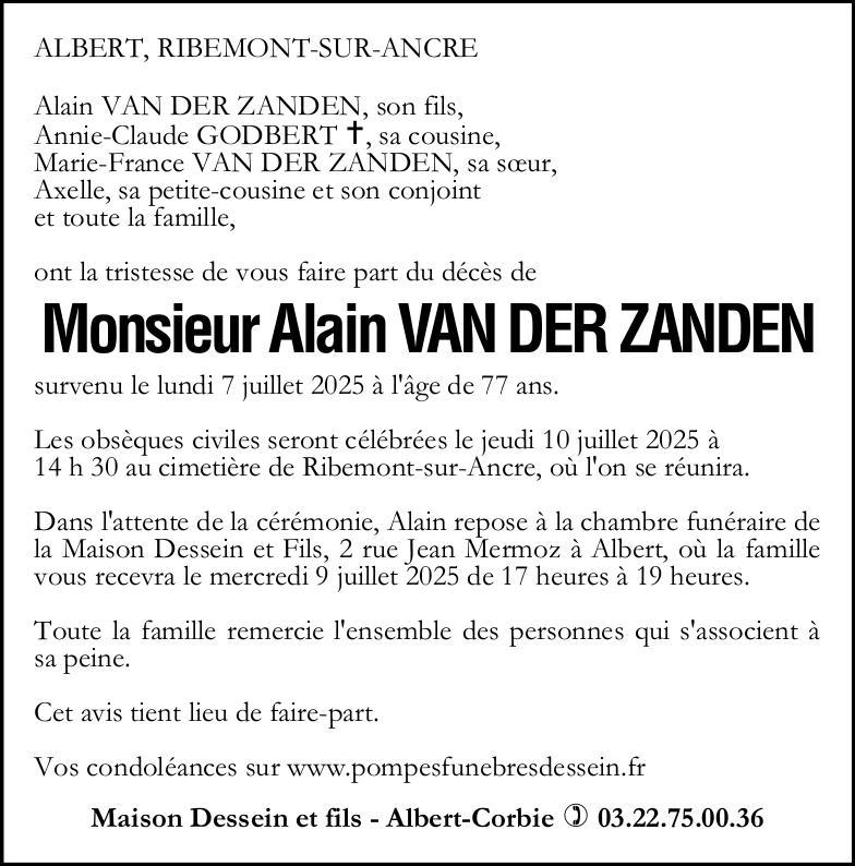 Avis de décès de Monsieur Alain VAN DER ZANDEN