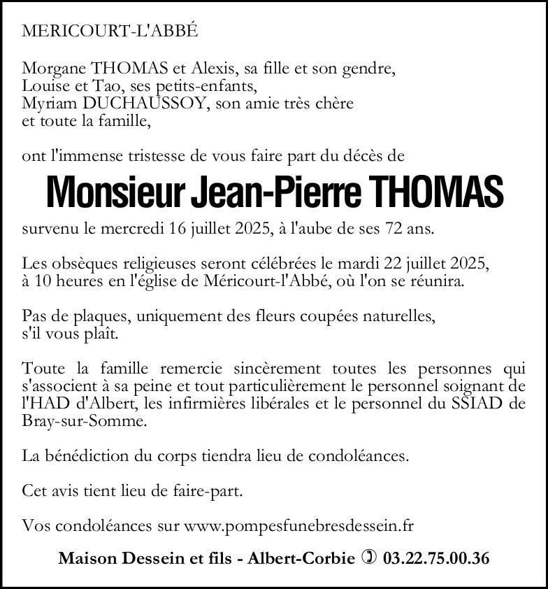 Avis de décès de Monsieur Jean-Pierre THOMAS
