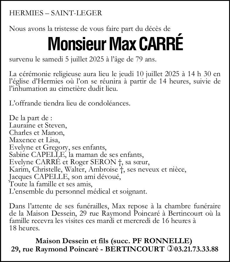 Avis de décès de Monsieur Max CARRE
